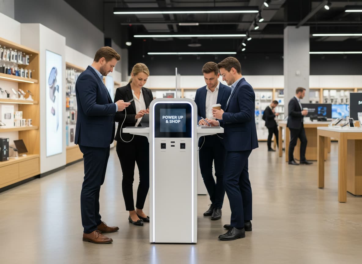 Station de recharge smartphone moderne dans un commerce